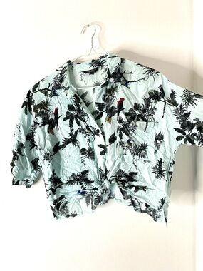 Topshop Tropical Parrot Monkey Print Tie Front Cropped Blouse